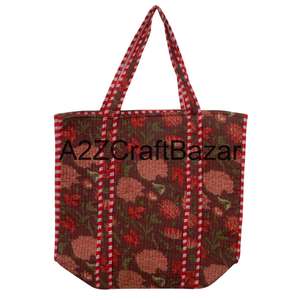 Sac fourre-tout en coton fait main indien pour femmes avec surpiqûres matelassées, tissu imprimé en blocs, grande capacité, sac à bandoulière - Product Image 1