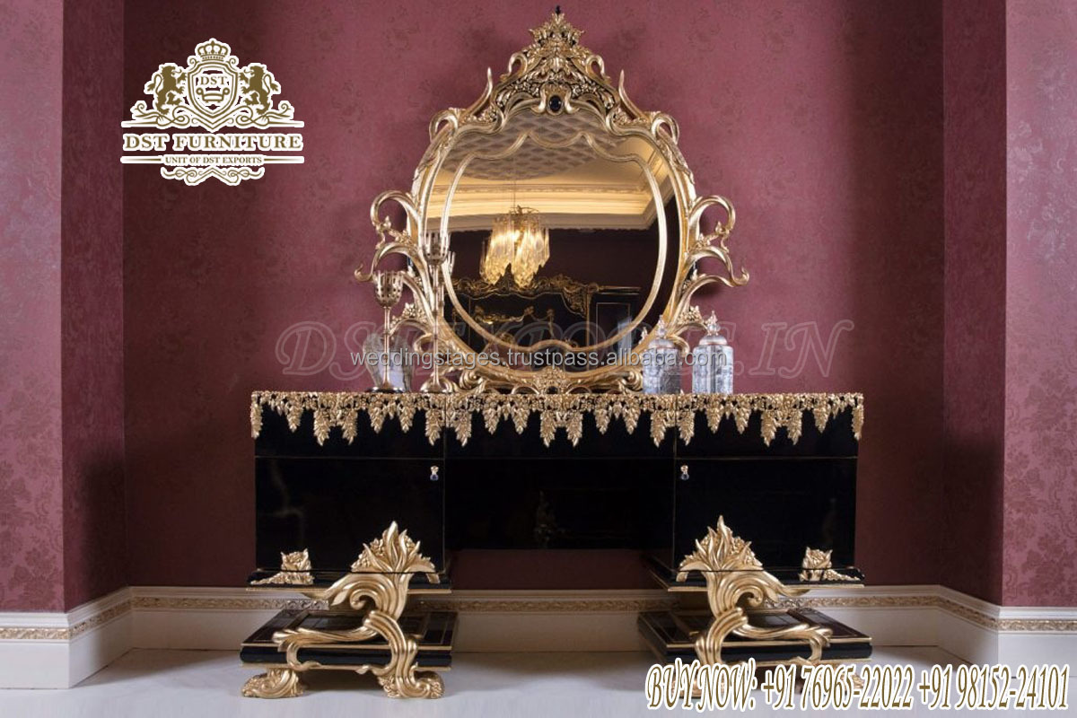 Egyptian Theme Black Gold Dressing Table Set - Luxurious Victorian Design Teak Wood Dresser for Elegant Home Decor Egyptian Theme Black Gold Dressing Table Set - Luxurious Victorian Design Teak Wood Dresser for Elegant Home Decor