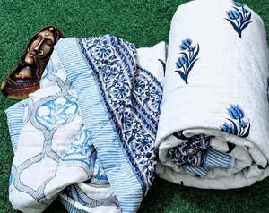 Edredón de algodón hecho a mano indio de tamaño Queen, colcha con estampado Floral de bloque de mano, edredón, sábanas de tamaño King, decoración del hogar - Product Image 1