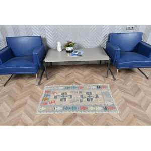 Alfombra Turca de 2.2x3.8 pies, Ecológica, con Base de Látex, Pelo Mediano, Estilo Kilim Vintage, Alfombra de Lana con Parches Azules - Product Image 2