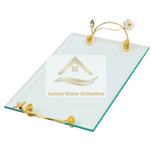 Nueva llegada de vidrio transparente con hojas de metal y flores Diseñador de latón Asas de lujo Nuevo arte Último diseño Centro de mesa Bandeja - Product Image 1