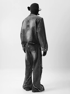 Veste en jean délavé pour homme, col montant, fermeture à bouton unique, détails effilochés, style streetwear, vêtement d'extérieur automne, respirant, séchage rapide - Product Image 2