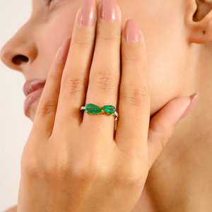 Bonne qualité Design Unique Double poire forme émeraude et diamant véritable K14 or jaune bague en pierres précieuses unisexe bijoux empilables - Product Image 2