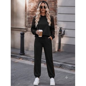 Conjunto de Dos Piezas para Mujer, Blusa de Manga Larga con Capucha y Detalle de Encaje, Viscosa de Dos Hilos, y Pantalones, 37353 - Negro - Product Image 3