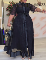 ADR060311-AM040851B Robes longues décontractées élégantes à col revers et manches mi-longues, coupe trapèze, imprimé pois noirs, ensembles deux pièces en dentelle
