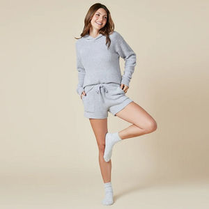 Conjunto de chándal para correr informal de talla grande para mujer, de dos piezas Sudadera con capucha, logotipo estampado sólido por encima de la rodilla - Product Image 4