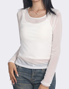 T-shirt d'été pour femmes avec appliques imprimées, manches courtes, maille respirante, maille transparente, coupe ajustée. - Product Image 2