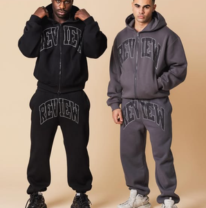 100% coton brodé sueur 2 pièces ensembles surdimensionné pleine fermeture éclair survêtement veste pantalon imprimé tendance bas prix grande taille hiver - Product Image 1