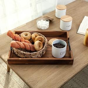 Bandejas de almacenamiento de madera natural rectangulares de dos piezas de estilo rural con asas de metal para mesa de centro de cocina vajilla portátil - Product Image 3