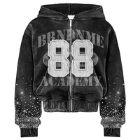Sudadera con capucha para mujer, personalizada con logo estampado de pedrería y bordado, de forro polar transpirable, oversize, con bajo sin rematar, lavado ácido regular y lavado a la piedra, con cremallera