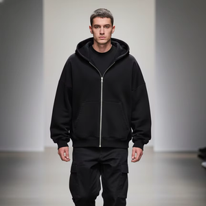 Sweat à capuche épais en coton mélangé noir à fermeture éclair intégrale pour homme et femme, ample, décontracté, pour l'hiver - Product Image 1