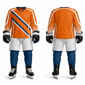 Uniforme de hockey sur glace orange et bleu marine le plus populaire - Concevez votre propre logo Vêtements de sport Jersey d'entraînement à rayures diagonales - Product Image 3