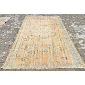 Vintage Large Rug 5.8x9.4 ft, <b>Yellow</b> Blue Floral Rug <b>Wool</b> - Product Image 1