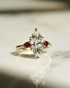 12x6mm Marquise Cut White Diamond Sterling <b>Silver</b> 18K Gold Plated Minimalist Engagement <b>Solitaire</b> <b>Ring</b> with Red Side Stones - Product Image 1