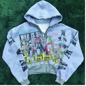 ผู้ผลิตเสื้อผ้าผู้ชายขายส่ง 350% GSM เสื้อฮู้ดดี้แบบซิป พิมพ์ลายสกรีน เสื้อฮู้ดดี้แบบทำเก่า ประดับคริสตัล - Product Image 4
