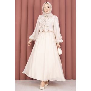 Conjunto Femenino Elegante y Discreto de Manga Larga Transpirable en Color Beige con Falda con Volantes en la Parte Delantera para Todas las Temporadas - Product Image 3