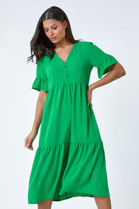 Nouveau été femmes porter rayonne cravate teinture couleur unie à manches courtes robe à la mode et tenue décontractée col en V avec bouton courte robe ample - Product Image 5