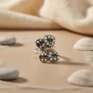 Women's Butterfly Cocktail <b>Ring</b> With Cubic Zirconia Heart Stones Antique <b>Silver</b> Plated Vintage Party Jewelry - Product Image 3