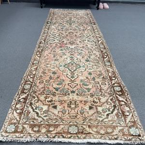 Turkish Vintage Rug, 2.6x8.4 ft Runner Rug, <b>Brown</b> Blue Oriental <b>Wool</b> Rug - Product Image 2