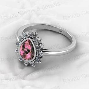 Christmas Sale 925 Genuine <b>Silver</b> Women's Engagement <b>Ring</b> 6X8mm Pear Pink Black Copper Turquoise Gemstone CZ Wedding Jewelry - Product Image 6
