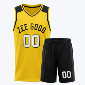 Uniforme de Baloncesto Personalizado Zee Good, Amarillo y Negro, Sin Mangas, Cuello en V, Secado Rápido, Unisex, para Adultos, Todas las Temporadas, Impresión Sublimada - Product Image 1