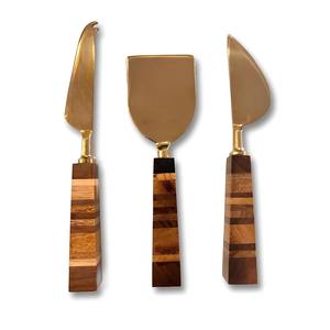 Juego de quesos de lujo de acero inoxidable con mango de madera hecho a mano Juego de quesos de alta calidad chapado en oro - Product Image 6