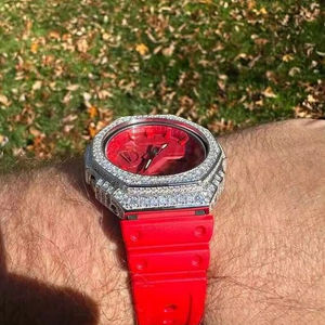 Unisex Sporty Style Moissanite Diamond <b>Watch</b> Glass Crystal 925 Sterling Silver Silicone Iced Red Stripe Dial Luxury Hip Hop - Product Image 1