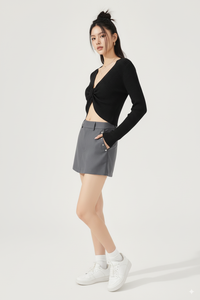 Suéter Corto de Punto Acanalado para Mujer, al por Mayor, con Nudo Trenzado, Manga Larga, Cuello en V, 100% Algodón, Transpirable, Ecológico, de Fábrica - Product Image 4