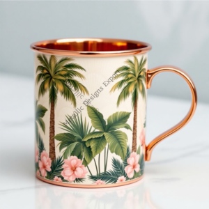 Mula de Moscú de lujo 100% taza recta de cobre Metal hecho a mano Palma e hibisco diseño para elegante café té decoración del hogar - Product Image 3