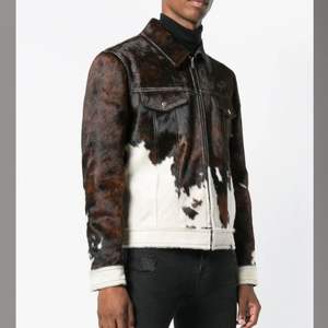 Veste en cuir de vache véritable pour homme, style motard, noir et blanc, imprimé vache, veste d'hiver tendance - Product Image 4