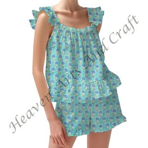 Conjunto de pijama con estampado de tiras de bloque de mano indio para mujer, conjunto de pijama de algodón para Primavera/Verano con tirantes y volantes - Product Image 2