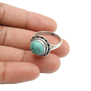 Natural Turquoise Gemstone 925 Sterling Silver Round Stone Classic Style Ring Bohemian <b>Handmade</b> <b>Jewelry</b> Wholesaler Manufacturer - Product Image 4