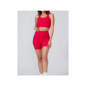 Conjunto de ropa de Yoga sin costuras con logotipo personalizado, ropa deportiva de gimnasio para mujer de cintura alta, Top corto con cuello Halter y pantalones cortos, conjunto de dos piezas con almohadilla para el pecho - Product Image 3