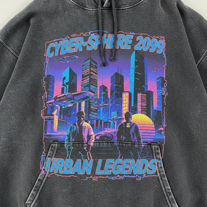 Sweat à capuche en molleton 100% coton vintage des années 90, style bootleg rap, 360 g/m², noir anthracite délavé, coupe classique, streetwear graphique - Product Image 3