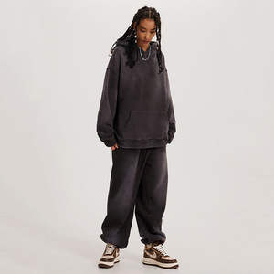 100% algodón 400 GSM peso pesado lavado ácido Streetwear chándal personalizado bordado estampado Sudadera con capucha pantalones de chándal conjunto de tela polar - Product Image 3