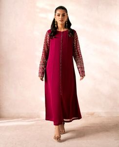 STYLISH-ROBE À SLEEVES--MAROON-LONG-KURTA ET PANTALON AVEC DABKA, PERLES, PIERRE POUR FÊTE = 2024 - Product Image 1