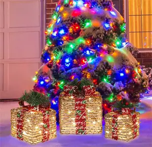 3pcs/套镂空圣诞装饰发光二极管礼品盒带弓灯藤条礼品盒新年家居派对用品