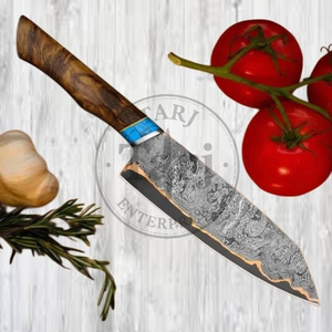 Couteau utilitaire de chef en acier Damas cuivré fait main, lame pleine, bord droit, manche en bois de noyer, gaine en cuir à bouton-poussoir, haute qualité - Product Image 3