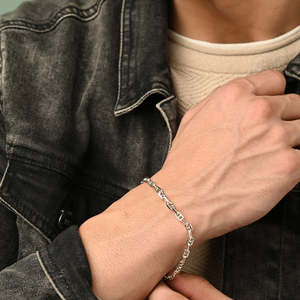 NOVAMART Fine <b>Silver</b> Soren Men's 8-Inch <b>Bracelet</b> with Rhodium Plated White Rose 14K/18K Gold Featuring Religious <b>Charm</b> and Pearl - Product Image 4
