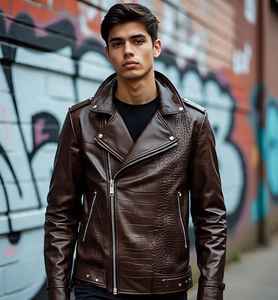 แจ็กเก็ตหนังวัวแท้สำหรับผู้ชายหนังแท้มีซิปด้านหน้าเป็นโลโก้หนังแท้สำหรับฤดูหนาว - Product Image 2