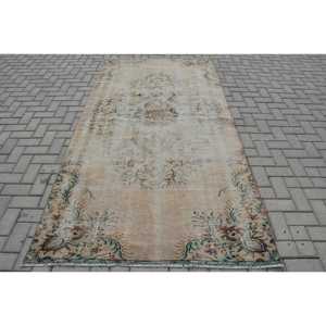 Turkish Vintage Large Rug 4.5x9.1 ft, <b>Brown</b> Check Rug <b>Wool</b> - Product Image 1