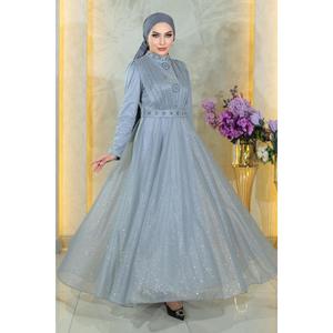 Vestido de Noche Plateado Estilo Princesa con Pedrería, Cuello Alto, Detalle de Pedrería Drapeada, Talla XS, Largo hasta el Suelo, Estilo Maxi MSW19188-4 - Product Image 1