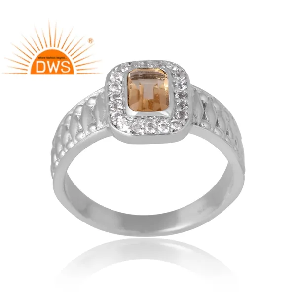 New Pattern Design 925 Sterling Silver Palladium Plated Natural Citrine & White Topaz Gemstone Ring Custom Jewelry Manufacturer