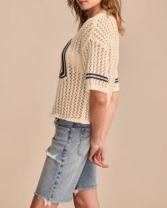 Pull décontracté à col rond pour femme, tricot d'été avec imprimé lettres, tricot ajouré, ourlet côtelé transparent - Product Image 3