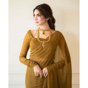 Saris élégants et légers en mousseline de soie, coupe fourreau, pour femmes et demoiselles d'honneur, à manches longues, col rond, taille naturelle, style simple - Product Image 3