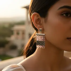 Boucles d'oreilles pendantes en argent 925 pour femmes, améthyste, pendentif en or blanc 18 carats, diamant, perle, forme de pompon principal, pour mariages, fêtes - Product Image 1