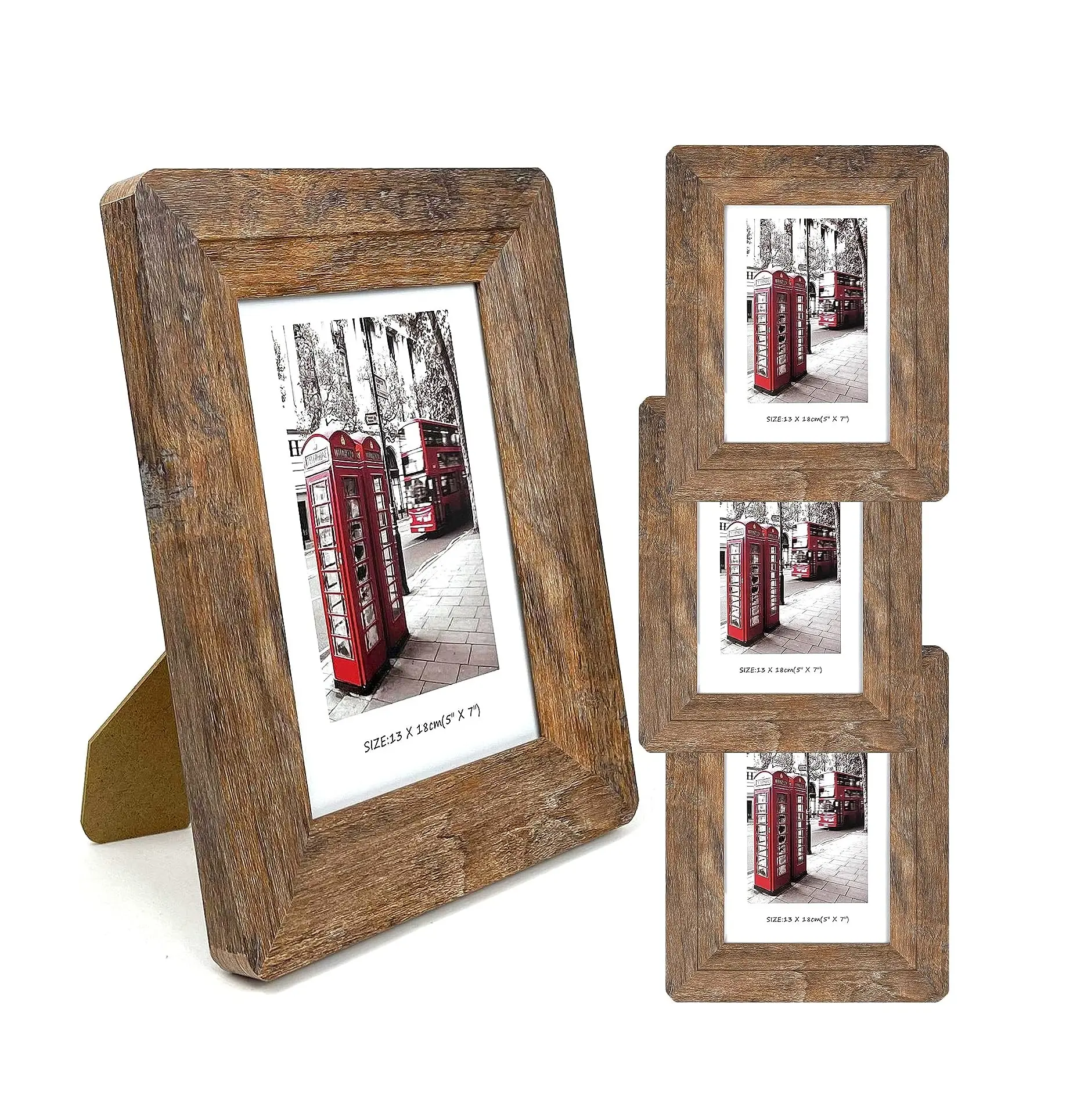 Set bingkai gambar 5x7 "Set 4 bingkai foto kayu kaca temper asli dan Foto sudut bulat bergaya kayu komposit