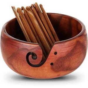 Handmade Wooden Yarn Bowl Rack with 8 Metal <b>Crochet</b> <b>Hooks</b> Woven Bowl for Home Decor Available at Wholesale Price - Product Image 3