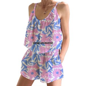 Conjunto de Pijama Corto de Algodón con Estampado Floral para Mujer, Ropa de Dormir Informal de Primavera/Verano, Ajustado, con Tirantes, sin Mangas - Product Image 4