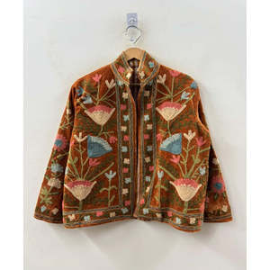 Marwar Bloom <b>Reversible</b> Suzani Embroidered Velvet <b>Jacket</b> for Rust Amber with Indigo & Ivory Florals Autumn Winter Coat Boho - Product Image 5